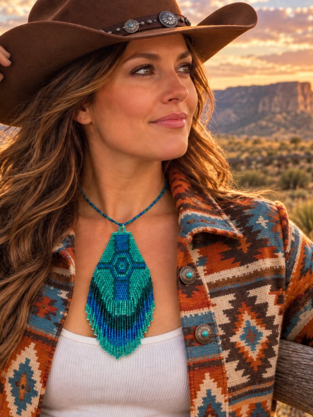 Desert Waters Blue / Green Beaded Fringe Western Boho Necklace 2/$22